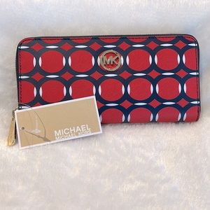 NWT Michael Kors RARE Mandarin Orange Navy Blue White Geometric Wallet